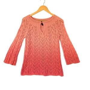 Talbots Ombre Coral Pointelle Cotton Knit 3/4 Bell Sleeve Sweater Small